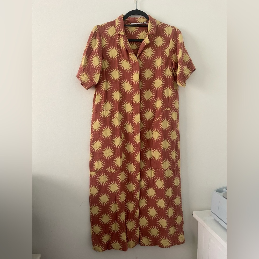 Casual Gold and Orange Maxi Sundress with Notched Collar